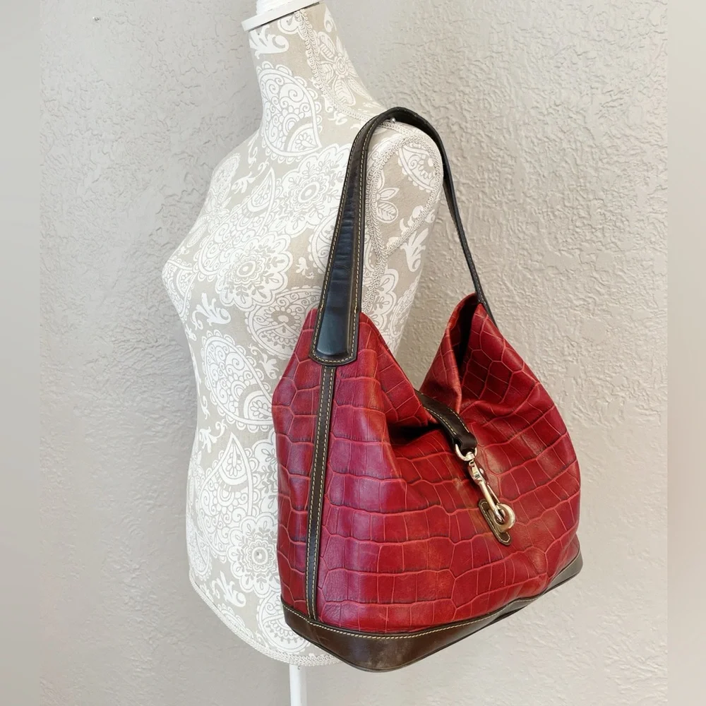 Dooney & Bourke Red Croc-Embossed Leather Hobo with Brown Trim
